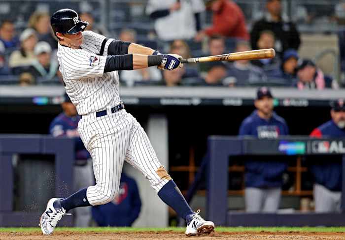 DJ LeMahieu swinging at Yankee Stadium in ALDS